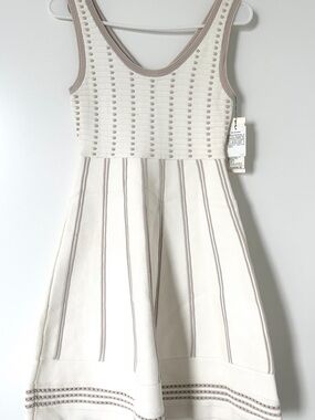 Sleeveless Cream Knit A-Line Dress with Taupe Trim